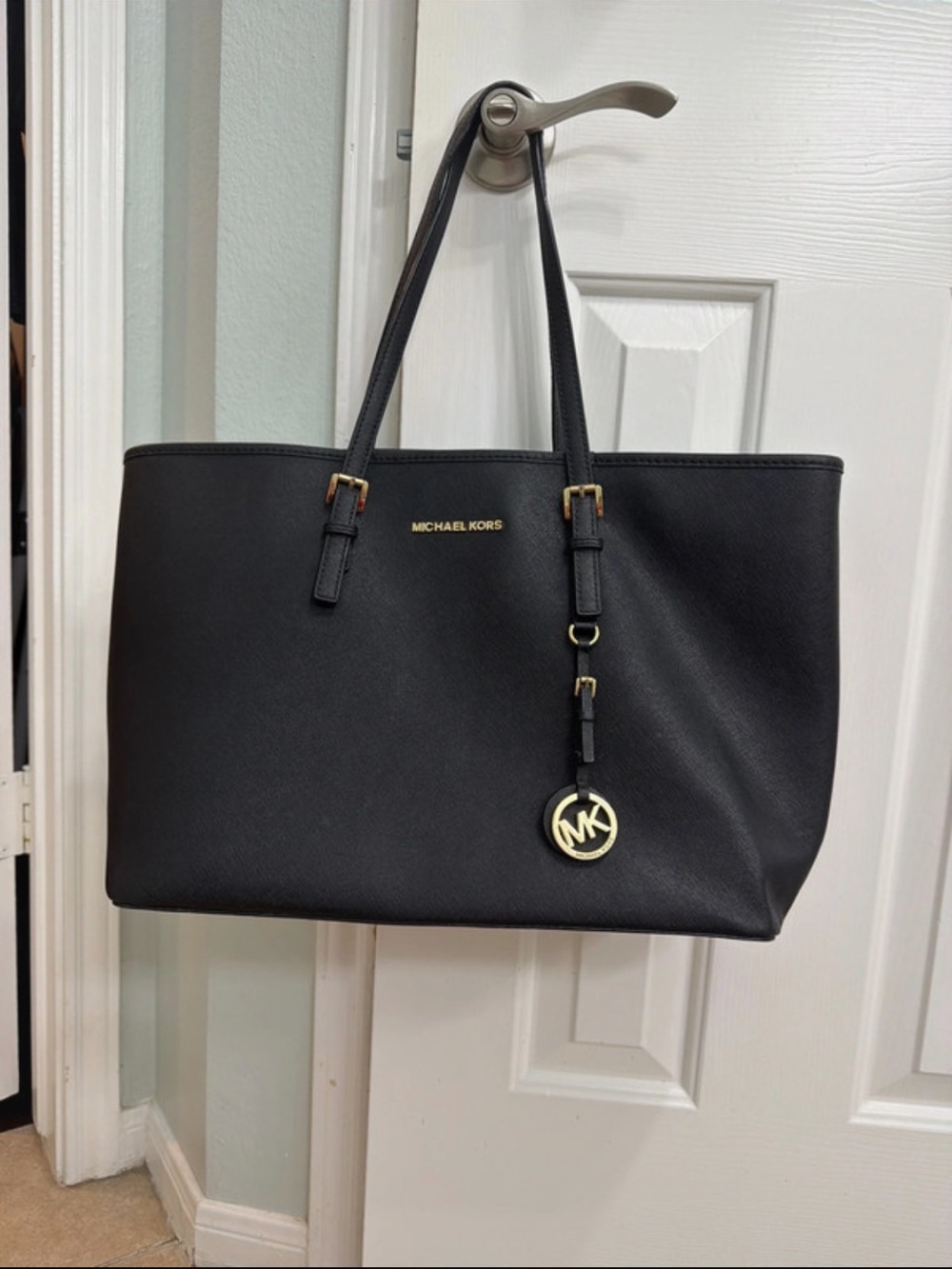 Michael Kors Black Saffiano Tote with Gold Charm